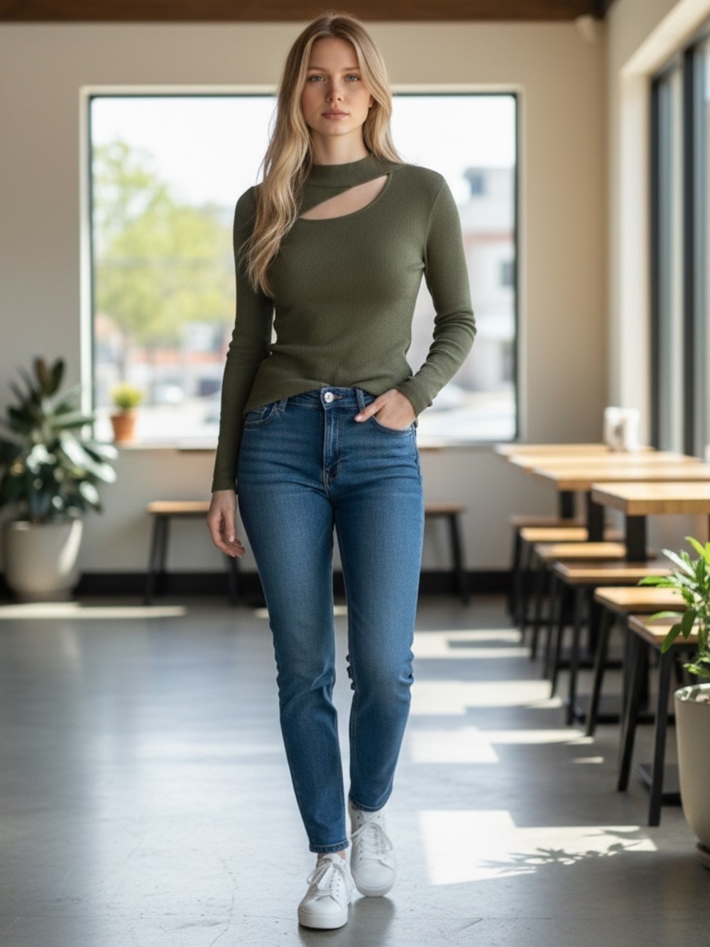 Vince Camuto Olive Asymmetric Cutout Ribbed Sweater